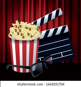 pop corn bucket with clapboard and 3d glasses over Red cinema curtains background, colorful design, vector illustration