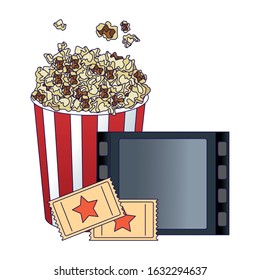 pop corn bucket with film reel and movie tickets over white background, colorful design, vector illustration