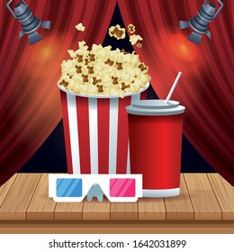 pop corn bucket with soda cup and 3d glasses over red theater curtains background, colorful design, vector illustration