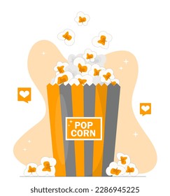 Pop corn concept. Sweet fast food in cinema. Food for watching movies, series and sporting events. Unhealthy and sugar eating. Popcorn in bag or basket. Cartoon flat vector illustration