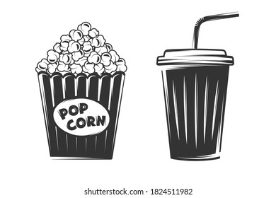 Pop corn and disposable cup isolated on white background. Design elements. Vector illustration