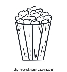 Pop corn doodle illustration. Simple outline image package with popcorn clip art. Simple hand drawn movie snack. Fast food isolated vector
