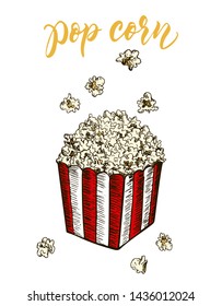 Pop Corn Hand Drawn Sketch Vector Illustration. Fast Food Menu Design Element. Junk Food Background. Popcorn on the go.
