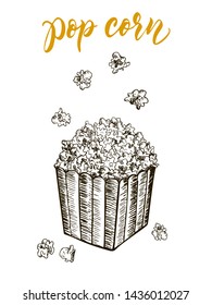 Pop Corn Hand Drawn Sketch Vector Illustration. Fast Food Menu Design Element. Junk Food Background. Popcorn on the go.