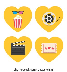 Pop corn heart icon set. 3D glasses. Movie reel. Open clapper board. Popcorn box package. Ticket Admit one. Three star. I love cinema. Flat design style. Yellow background. Vector illustration