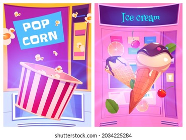 Pop corn and ice cream snacks at vending machine cartoon ad posters. Sweet desserts shop, product retail business, vendor automated booths with slots and glowing digital display, Vector illustration