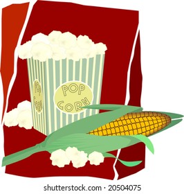 pop corn and Indian corn in  red background	