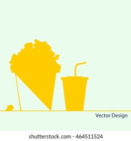 Pop corn in large paper box. Fast cinema meal. Popcorn bucket isolated on grey background.The concept of cinema, entertainment, hobbies and leisure club. yellow advertise