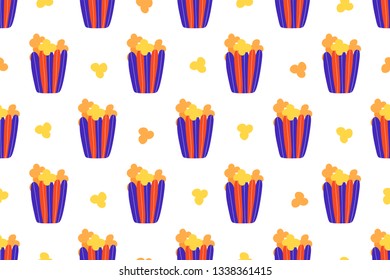 Pop corn on striped box seamless vector hand drawn pattern on white background. Doodle endless print
