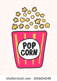 Pop corn paper box. Vector hand drawn calligraphic brush stroke illustration design. Comics pop art style poster, t shirt print, social media blog content, birthday card invitation, vlog cover