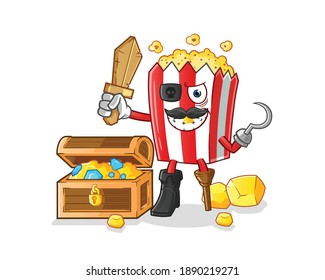 pop corn pirate with treasure mascot. cartoon vector