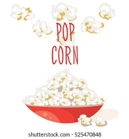 Pop Corn in a red bowl. Flat vector. Popcorn illustration, isolated on white background