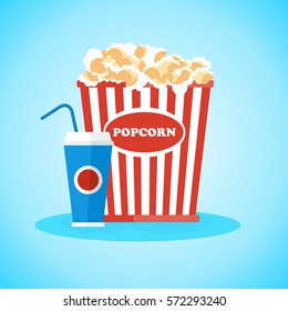 Pop corn in red box. Flat vector cartoon illustration. Objects isolated on a white background.