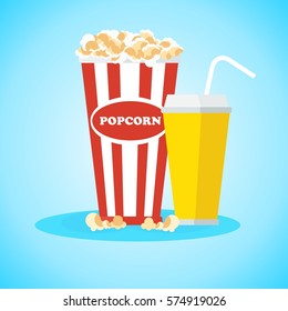 Pop corn in red box. Flat vector cartoon illustration. Objects isolated on a white background.