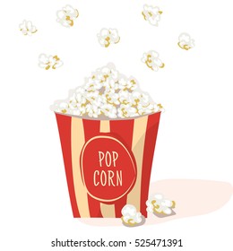 Pop Corn in a red stripped pack. Flat vector. Popcorn illustration, isolated on white background