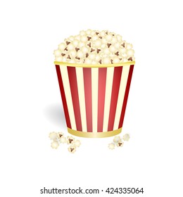 Pop corn in red and yellow basket with stripes isolated on white background, vector illustration