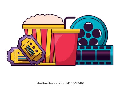 pop corn reel soda cinema movie vector illustration