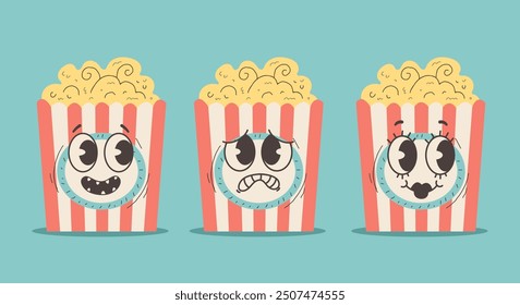 Pop corn retro cartoon simple flat line art style characters isolated set. Vector graphic design illustration element