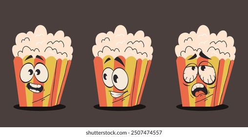 Pop corn retro cartoon simple flat line art style characters isolated set. Vector graphic design illustration element