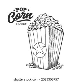 Pop Corn Retro Emblem. Logo-Vorlage mit schwarz-weißen Buchstaben und Popcornskizze. EPS10 Vektorgrafik.