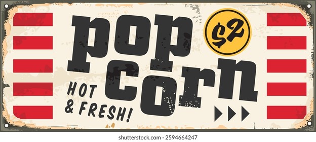 Pop corn retro sign design. Vintage popcorn advertisement on old metal background. Food vector illustration.