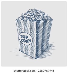 Pop corn sketch obsolete blue style vector illustration. Old hand drawn azure engraving imitation.