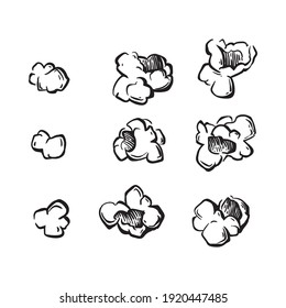 Ilustración vectorial del estilo de esbozo de maíz pop. Vieja mano dibujada grabando la imitación. Ilustración de palomitas