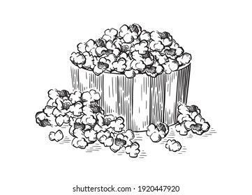 Pop corn sketch style vector illustration. Old hand drawn engraving imitation. Popcorn illustration