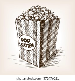 Pop corn sketch style  vector illustration. Old hand drawn engraving imitation. Popcorn illustration