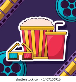 pop corn soda 3d glasses reel cinema movie vector illustration