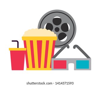 pop corn soda 3d glasses reel film cinema movie vector illustration