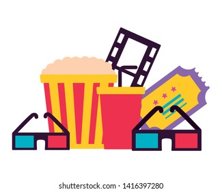 pop corn soda filmstrip ticket 3d glasses cinema movie vector illustration 