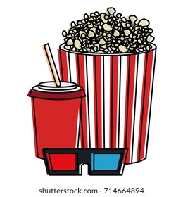 pop corn with soda and glasses 3d