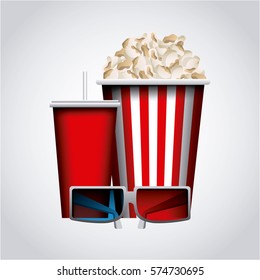 pop corn, soft drink and 3d glasses over white background. colorfu design. vector illustration