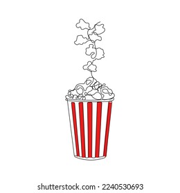 Pop corn in stripped paper box in one continuous line drawing style. Snack for watching movies. Hand drawn vector illustration.