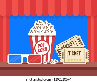 Pop corn, tickets, 3d glasses and movie film screen icons set. Cinematograph banner poster concept. Vector flat cartoon graphic design back view illustration