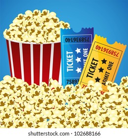 Pop corn with tickets, cine background, illustration vectorial