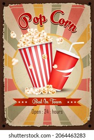 Pop corn  vintage restaurant sign. Fast food vintage poster. Retro design with big hamburger on old metal background red and turquoise colors. Wall decoration printing media. Vector EPS10.