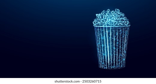 Pop corn wireframe. Movie night poster template with glowing low poly tasty snack. Futuristic modern abstract. Isolated on dark background. Vector illustration.