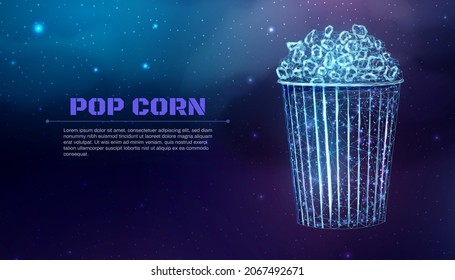 Pop corn wireframe. Poster template with glowing low poly tasty snack. Futuristic modern abstract. Isolated on dark background. Vector illustration.