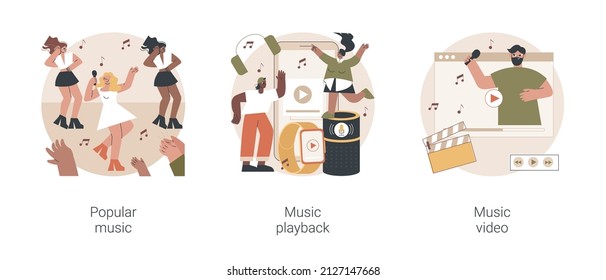 Conjunto de ilustraciones vectoriales de concepto abstracto de la cultura pop. Música popular, audio grabado en reproducción, producción oficial de videoclip, artista de primer nivel, gira de cantantes, metáfora abstracta de promoción de músicos.