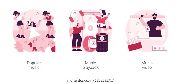 Pop culture abstract concept vector illustration set. Popular music, playback recorded audio, official videoclip production, top chart artist, singer tour, musician promotion abstract metaphor.