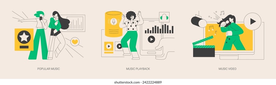 Pop culture abstract concept vector illustration set. Popular music, playback recorded audio, official videoclip production, top chart artist, singer tour, musician promotion abstract metaphor.