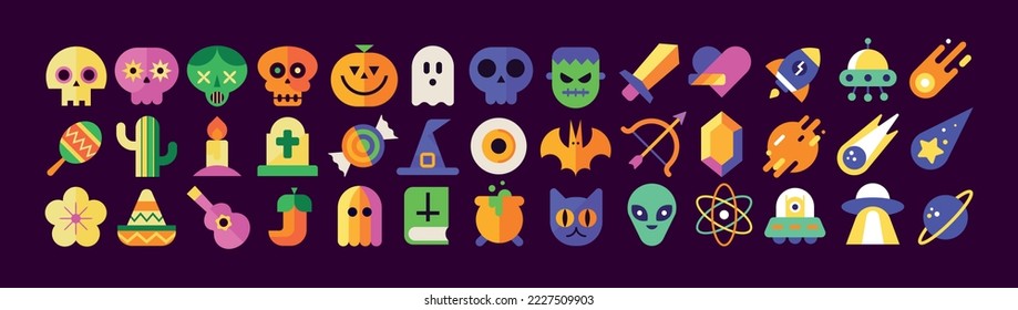 Pop culture icon set. Geek icon collection. Flat vector illustrations. Halloween, fantasy and science fiction symbols. Isolated elements. Video game iconography. Funny and colorful pictograms. Bundle.