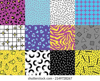 Pop Culture Nineties Seamless Pattern Background Set Acid Psychedelic Style . Vector illustration of Geometric and Animal Wallpaper