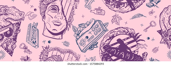 Pop culture seamless pattern. Old school tattoo style. Statue head, surfing woman, game controller. Audio cassette, VHS type and tyrannosaur. Retro wave music art. Nostalgic 80s, cyberpunk style 