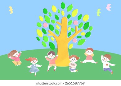 Una ilustración pop y linda de un árbol y niños alegres jugando cerca del árbol