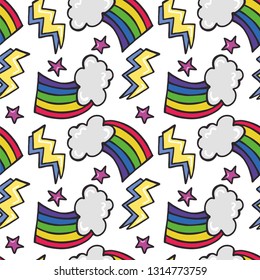 Pop Dazzle Wow 2 - seamless vector pattern of cartoon rainbows, clouds, lightning bolts and stars...hand drawn in fantastic bright tones!