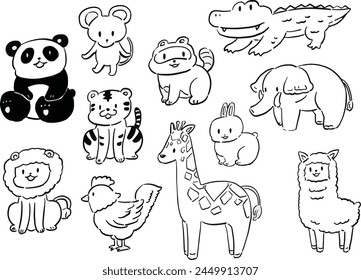 Pop deformed animal line drawing illustration set