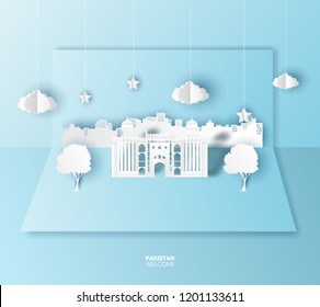Pop up design concept,famous landmark of Pakistan,paper cut style vector illustration.